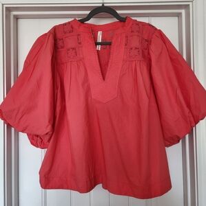 Plus-Size Anthropologie Coral Blouse with Puff Sleeves